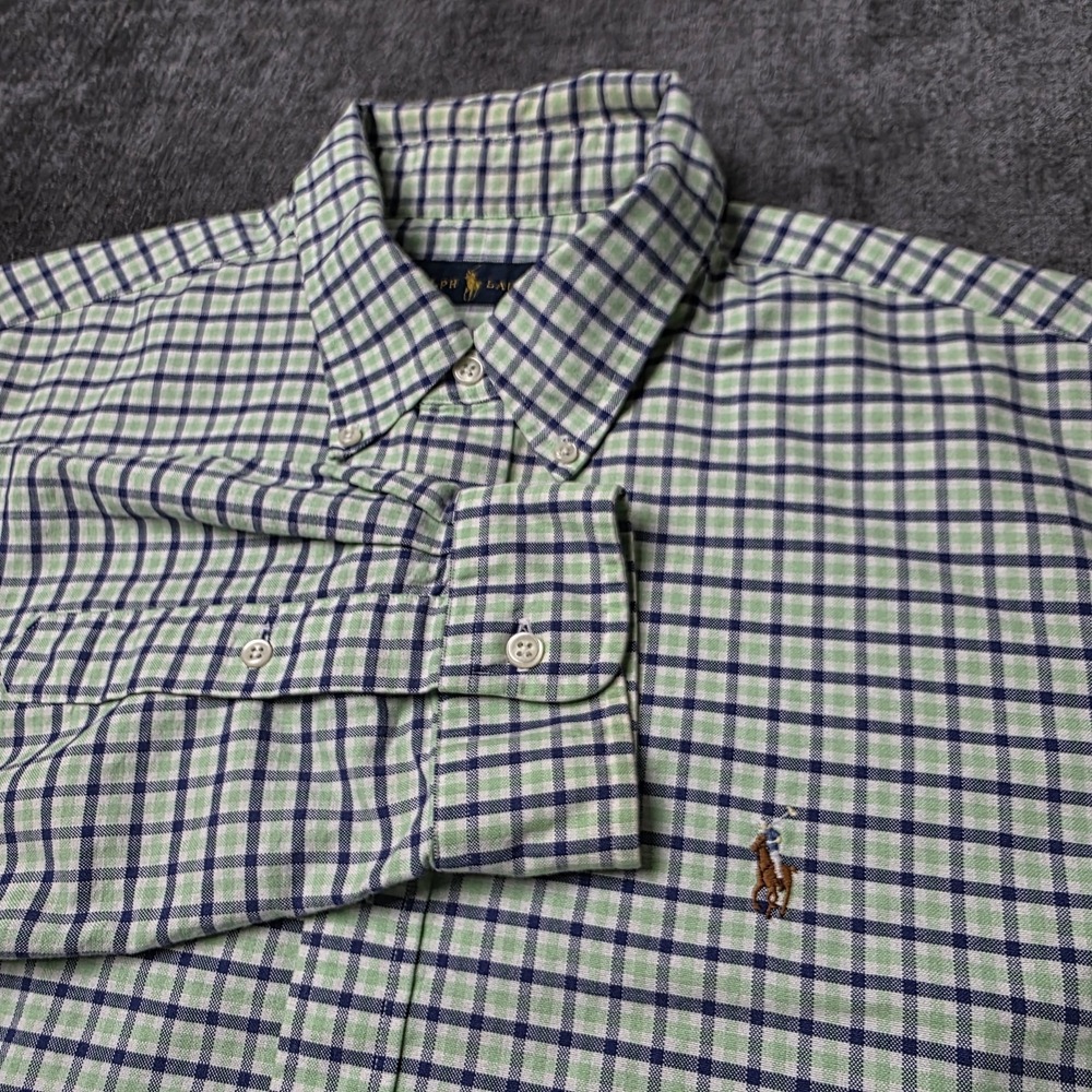 Ralph Lauren Oxford Button Down Shirt Mens XL Flesh Pony Green Blue Check OCBD